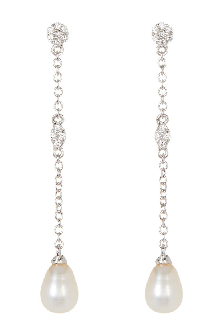 White Rhodium Plated Swarovski Crystal Accented & 7mm Freshwater Pearl Drop Earrings, Main, color, WHITE/ SILVER