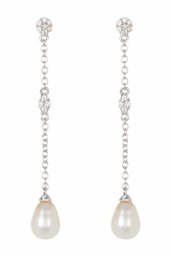 Adornia White Rhodium Plated Swarovski Crystal Accented & 7mm Freshwater Pearl Drop Earrings