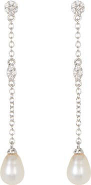 Adornia White Rhodium Plated Swarovski Crystal Accented & 7mm Freshwater Pearl Drop Earrings
