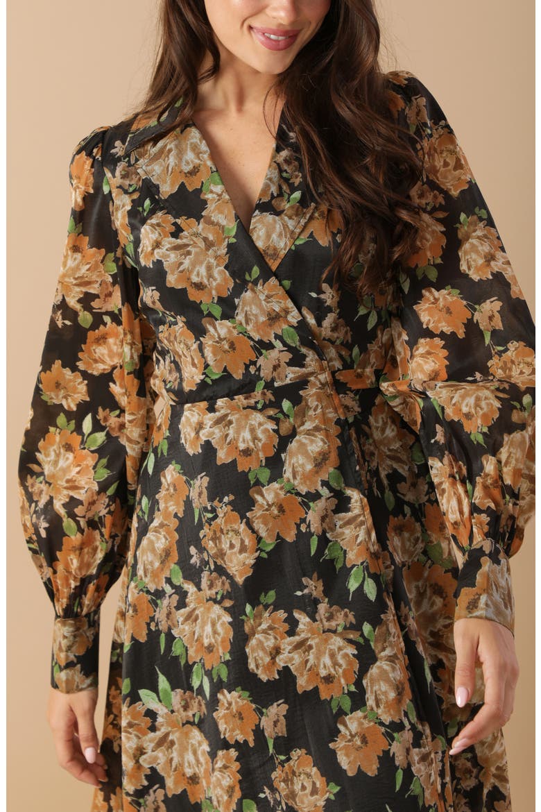 Floral Print Long Sleeve Midi Wrap Dress, Alternate, color, BLACK