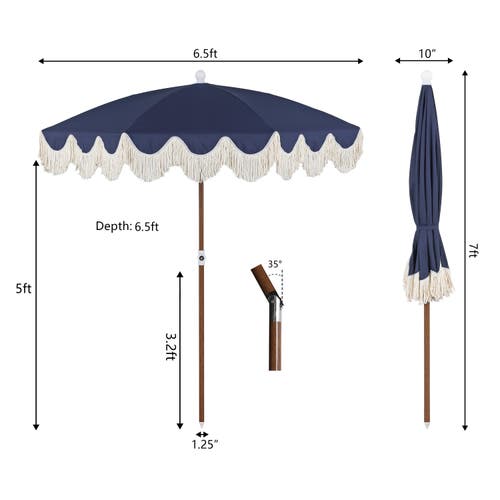 Jonathan Y Mariner 6.5 Ft. Classic Cottage Fringe Tassel Market Beach Umbrella With Push Button Tilt In Blue