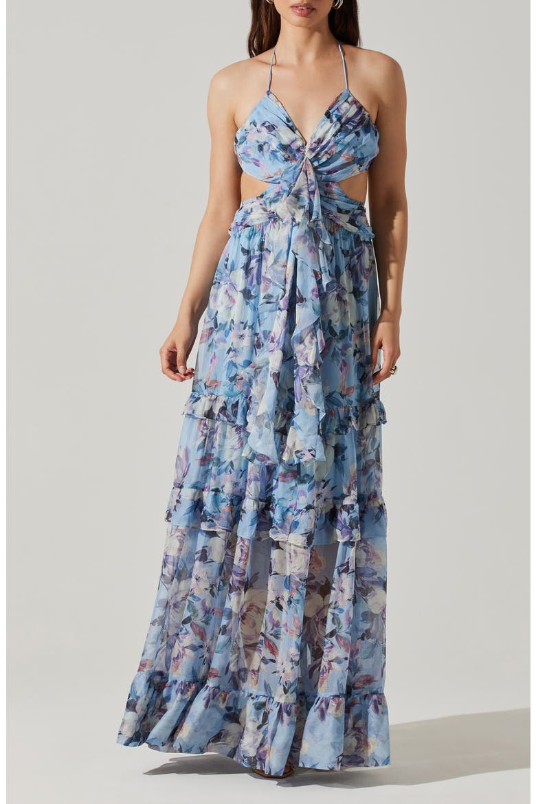 Kitsune Cutout Maxi Halter Dress, Main, color, BLUE FLORAL