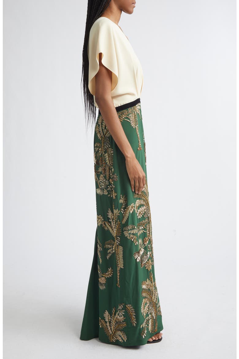 Night Steps Plunge Neck Silk Blend Maxi Dress, Alternate, color, ECRU / GREEN