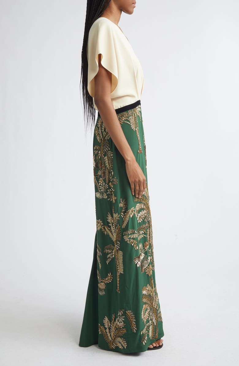 Johanna Ortiz Night Steps Plunge Neck Silk Blend Maxi Dress, Alternate, color, Ecru / Green
