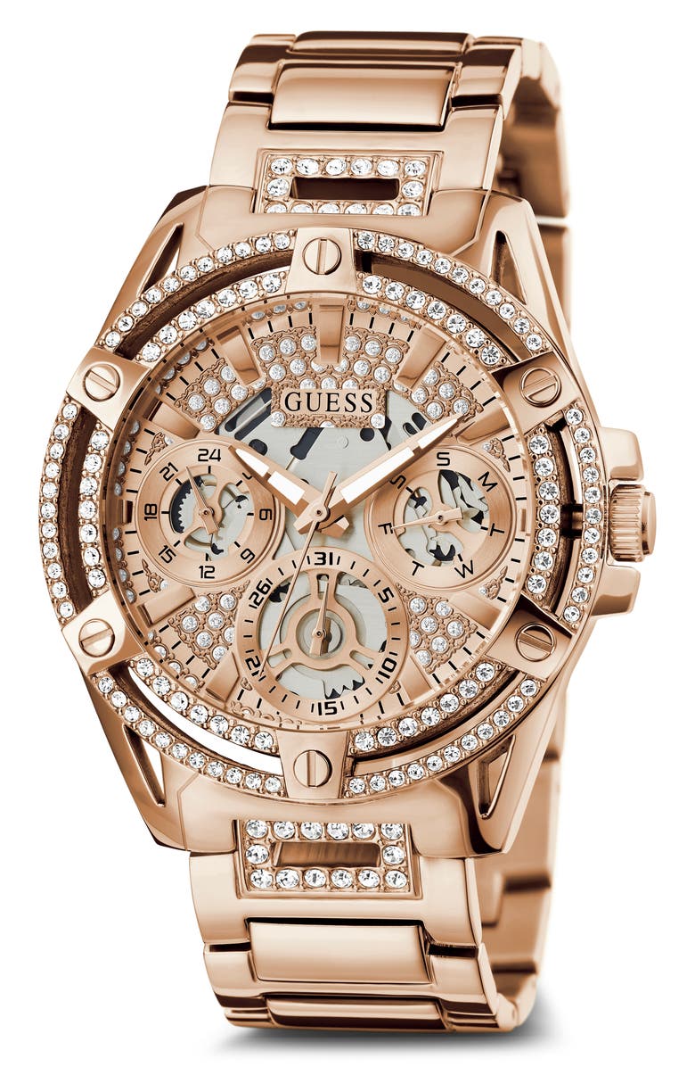 GUESS Multifunction Crystal Skeleton Bracelet Watch, 40mm, Main, color,