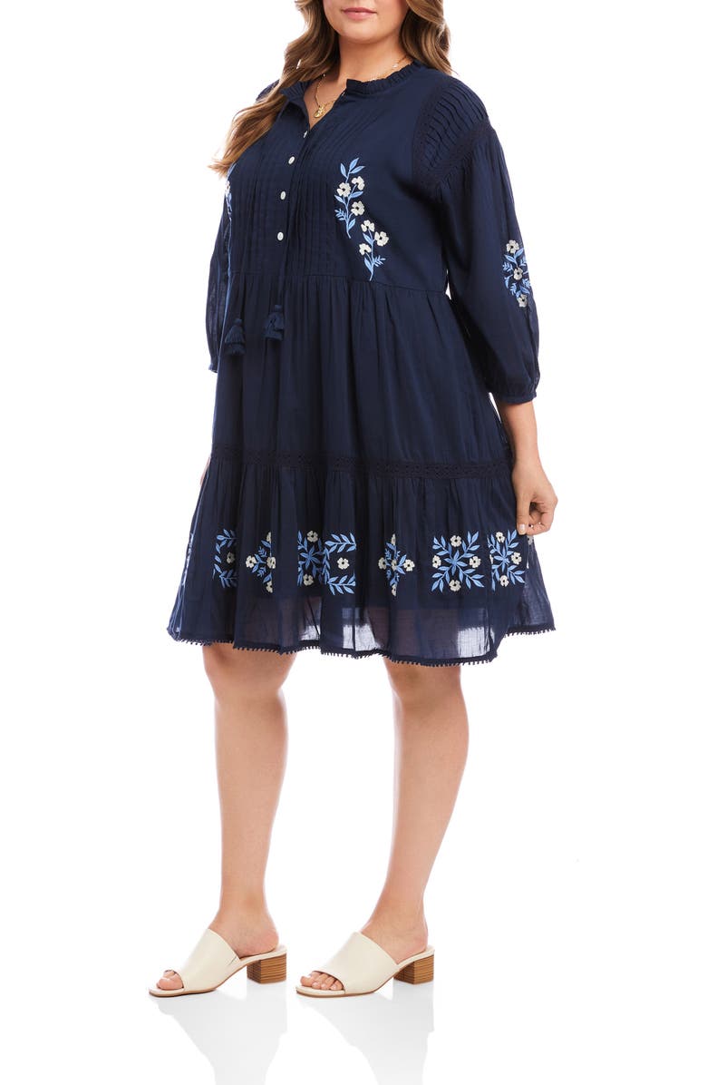 Karen Kane Floral Embroidered Tassel Cotton Dress, Alternate, color, Navy
