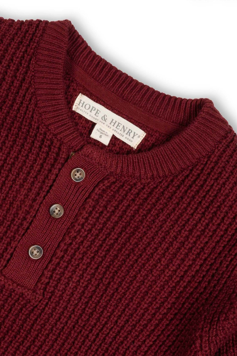 Kids' Organic Cotton Elbow Patch Henley Sweater, Alternate, color, Oxblood Waffle
