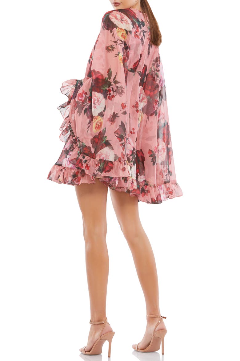 Floral High Neck Mini Dress with Cape Overlay and Ruffle Hem, Alternate, color, ROSE MULTI