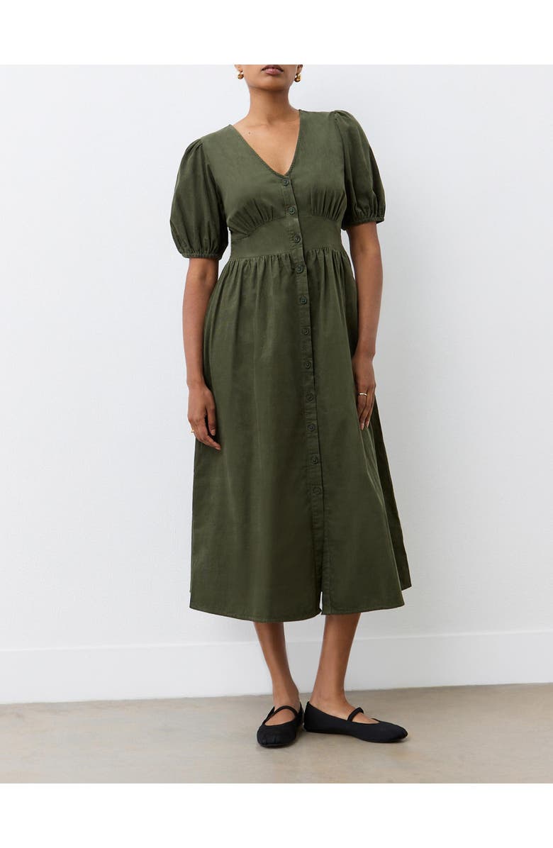 Finery London Arlow Short Sleeve Corduroy Midi Dress, Alternate, color, Khaki