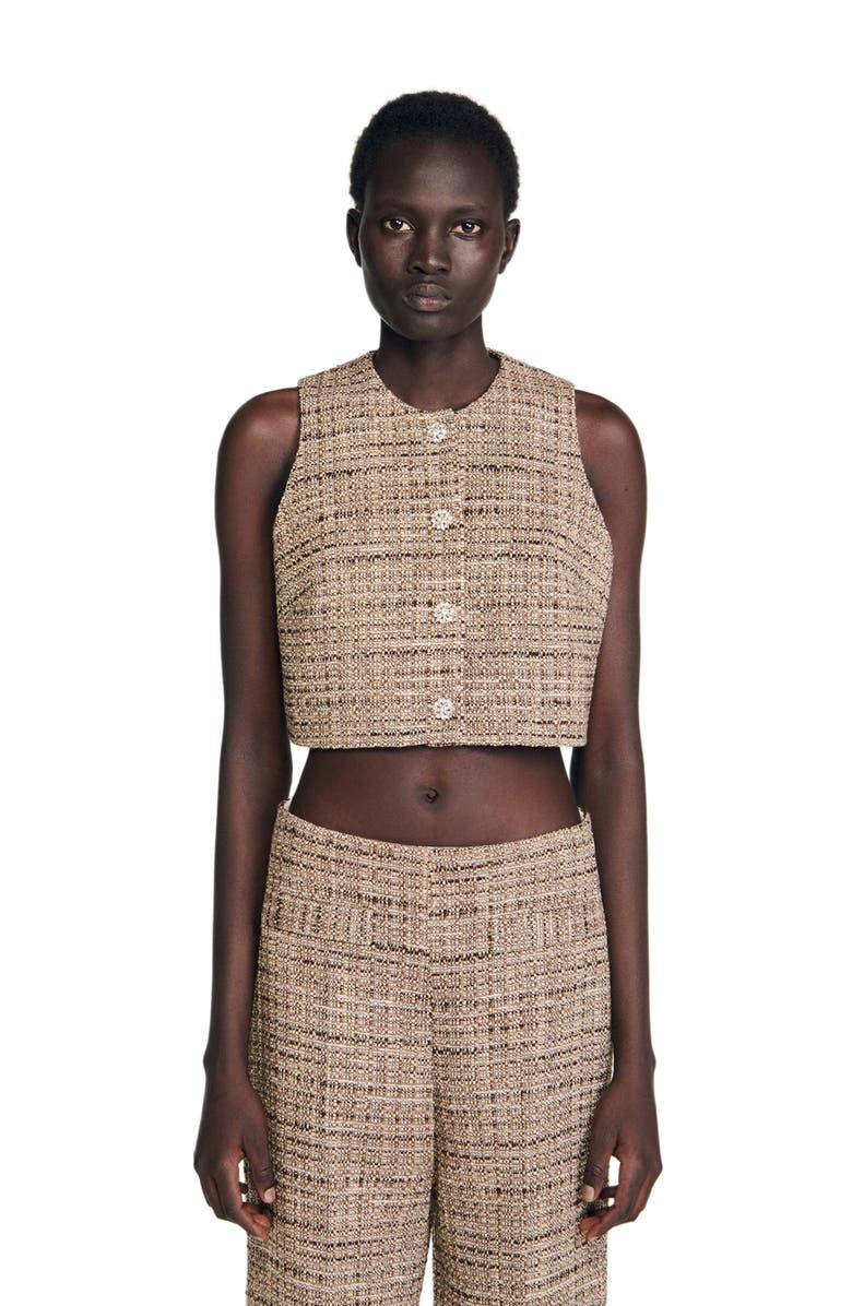 SANDRO Tweed vest, Main, color, Brown