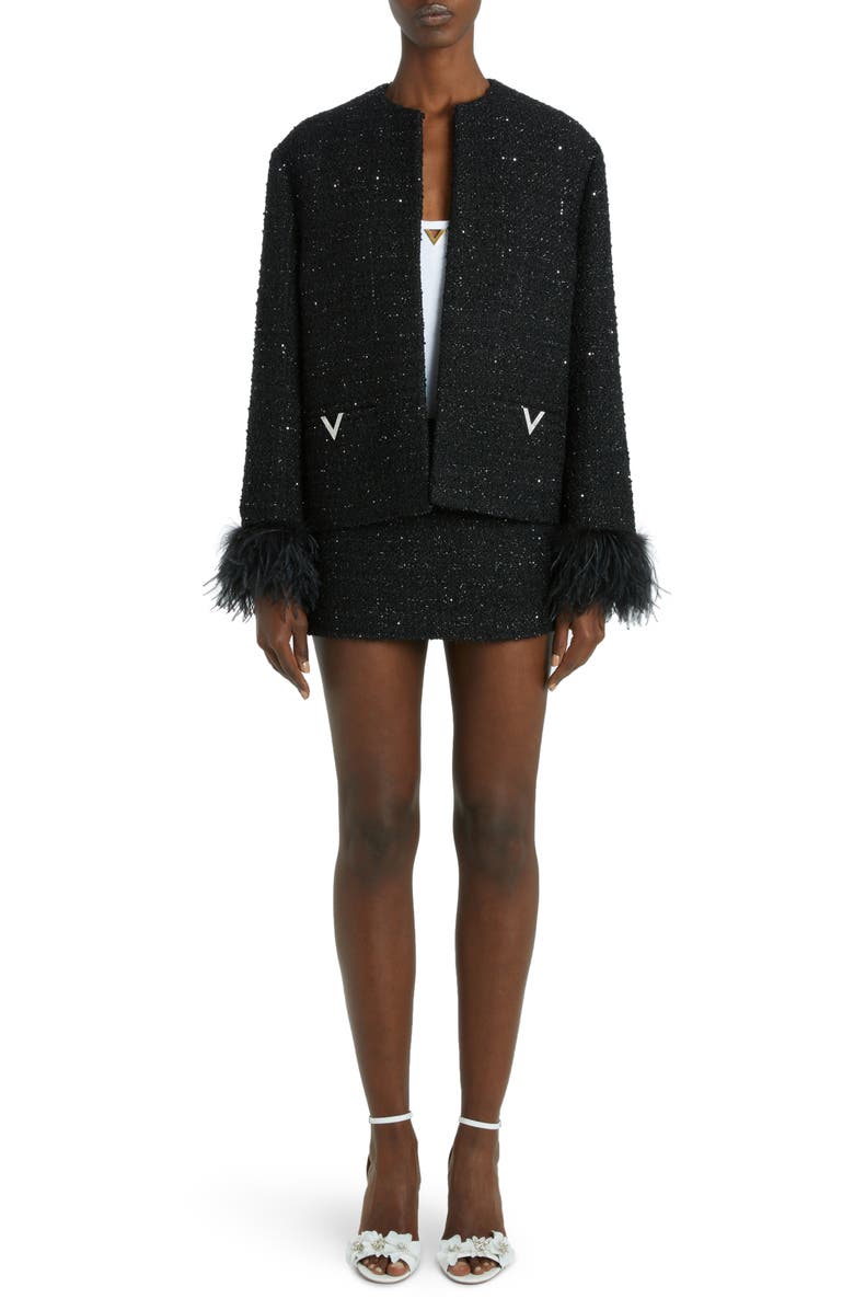 Valentino Garavani Feather Trim Metallic Tweed Jacket, Alternate, color, 