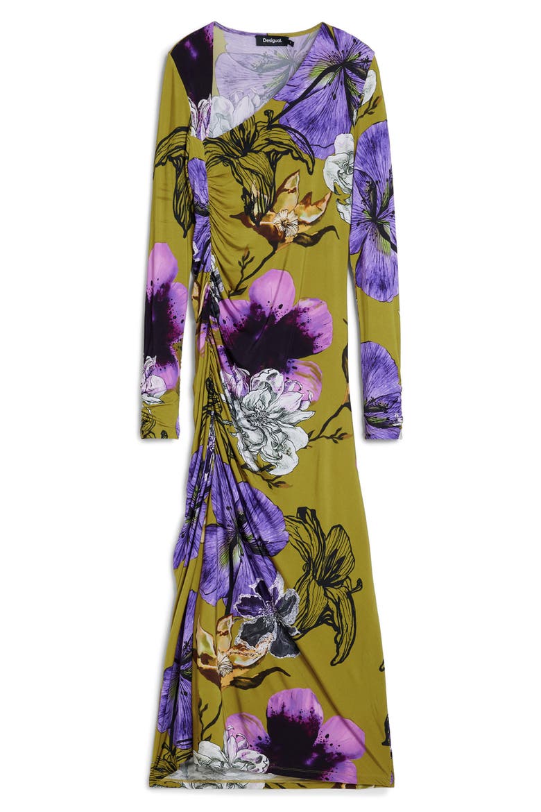 Floral Print Long Sleeve Midi Dress, Alternate, color, OLIVE GREEN