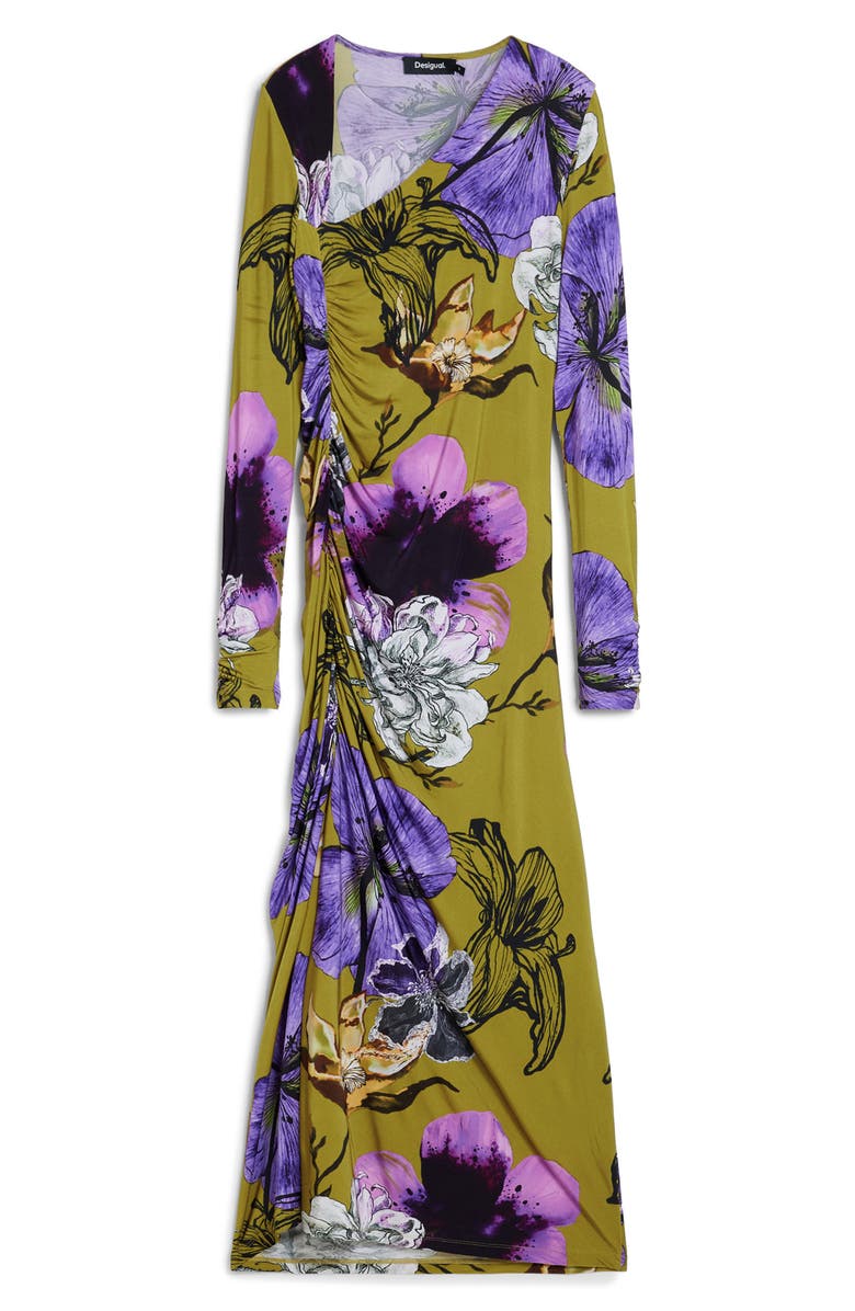 Desigual Floral Print Long Sleeve Midi Dress, Alternate, color, Olive Green