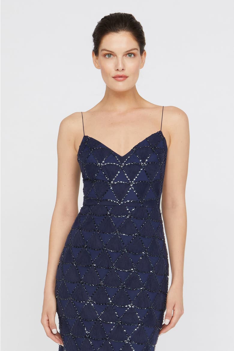 Elsy Textured Tulle Spaghetti Straps Beaded Sheath Dress, Alternate, color, Navy