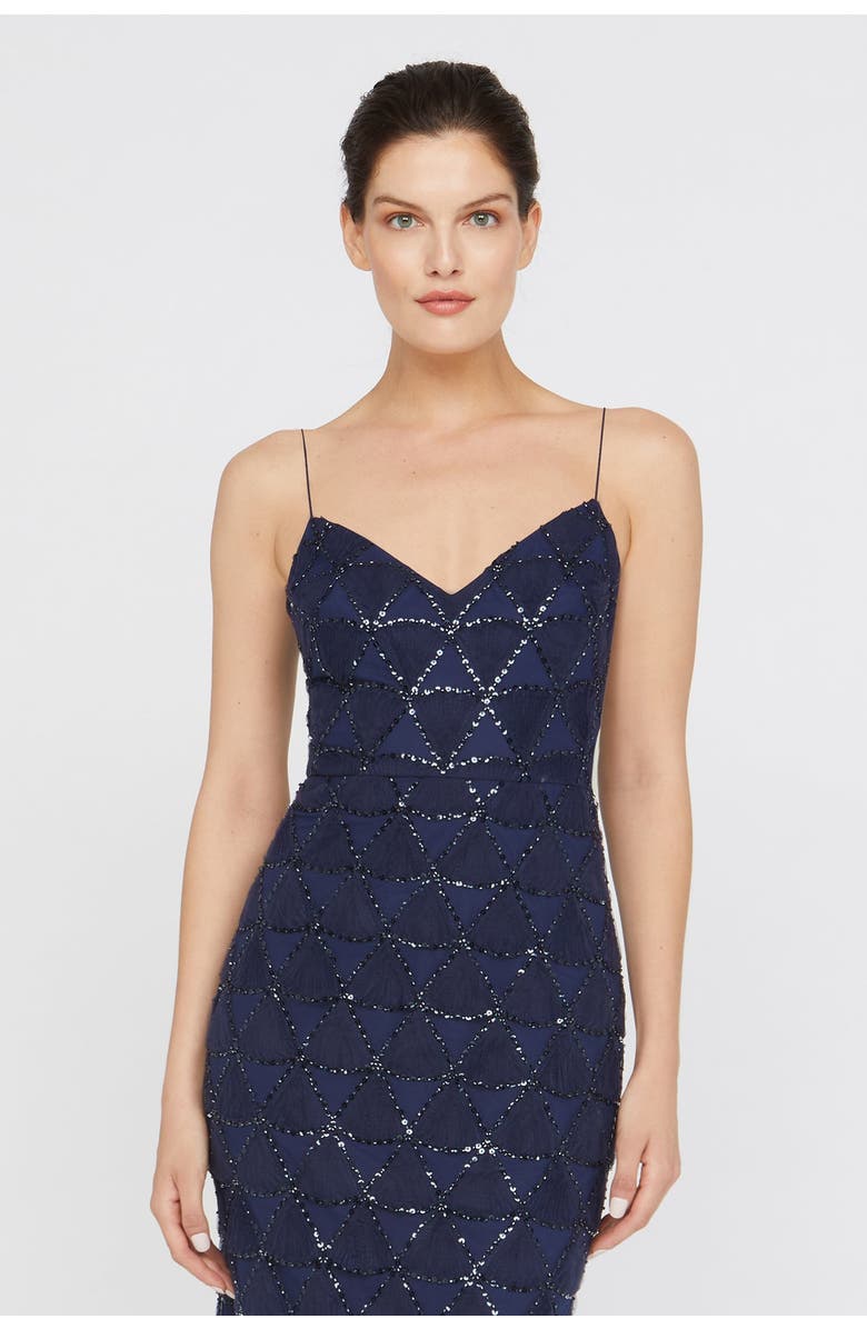 Theia Elsy Textured Tulle Spaghetti Straps Beaded Sheath Dress, Alternate, color, Navy