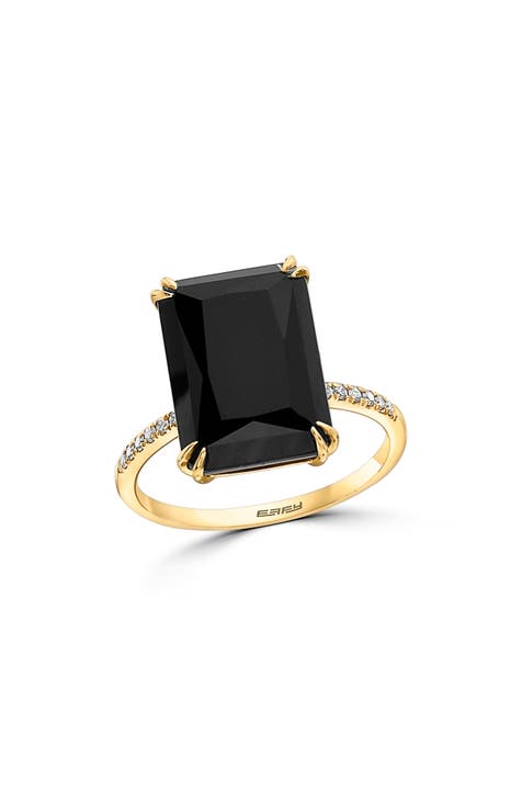 14K Yellow Gold Diamond Trim Onyx Ring - 0.05 ctw