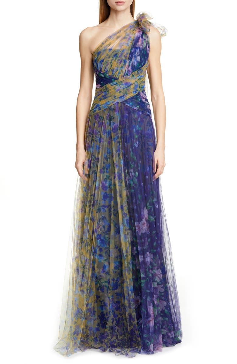 Marchesa Notte One-Shoulder Floral Tulle Gown, Main, color,
