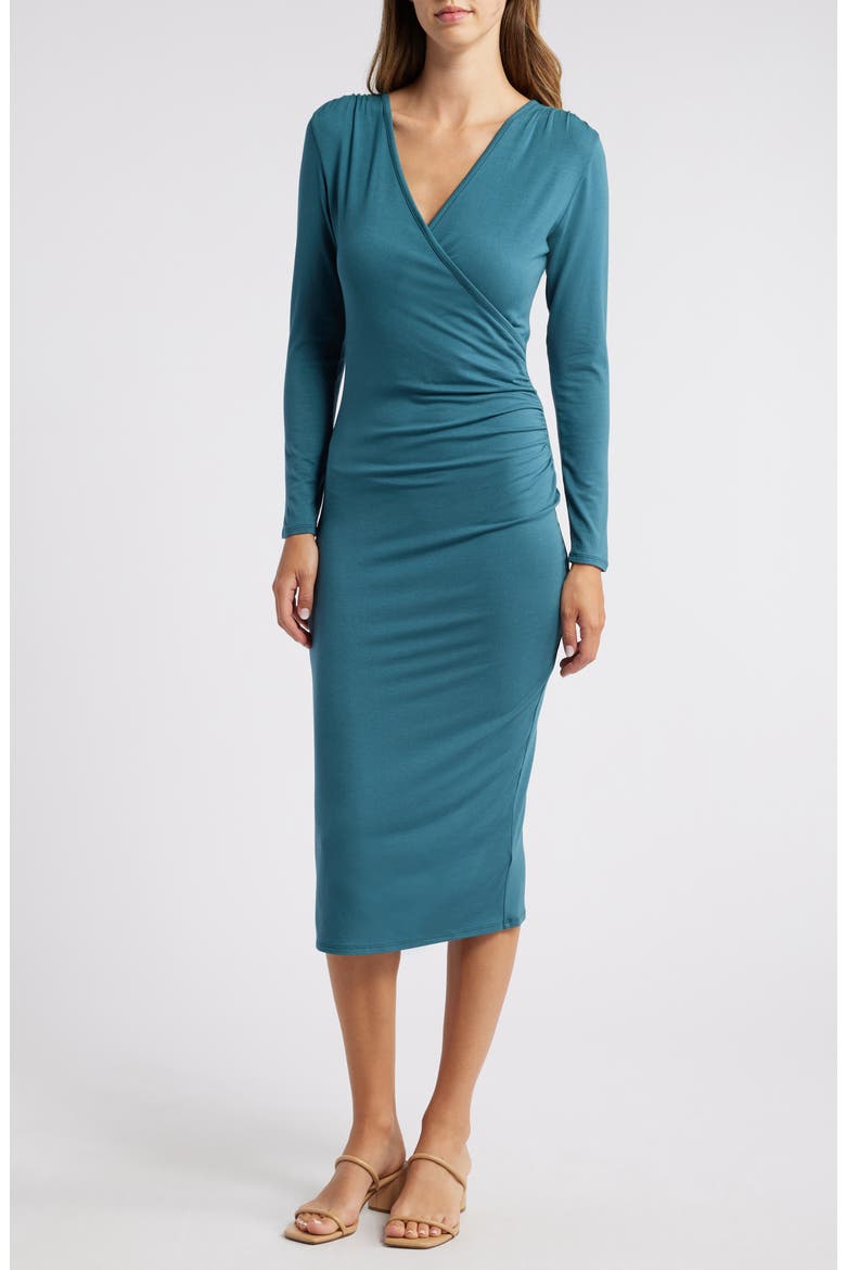 Long Sleeve Faux Wrap Midi Dress, Main, color, DARK TEAL