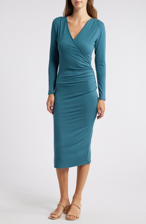 Long Sleeve Faux Wrap Midi Dress