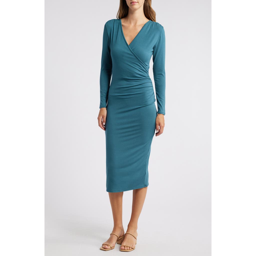 Loveappella Long Sleeve Faux Wrap Midi Dress in Dark Teal at Nordstrom, Size X-Large