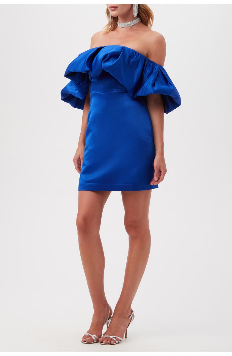 Trina Turk Nia Off the Shoulder Ruffle Satin Cocktail Dress, Alternate, color, Bewitching Blue