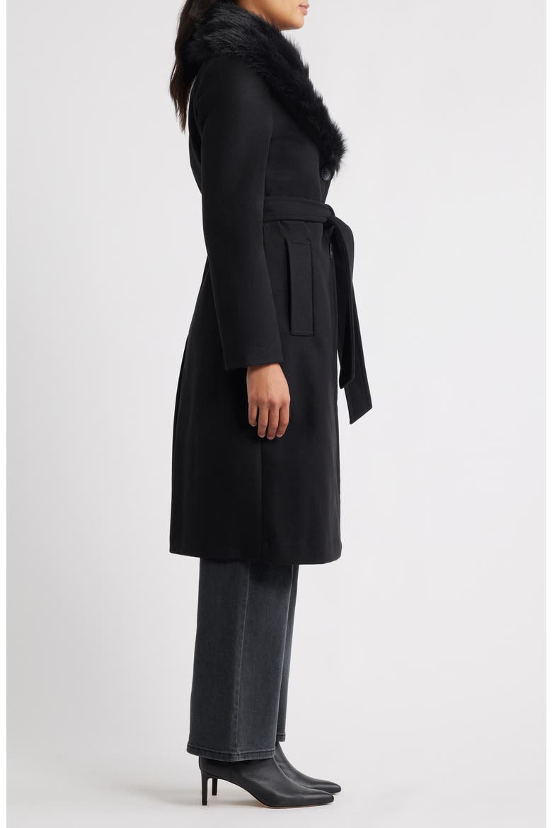 Belted Faux Fur Collared Coat, Alternate, color, BLACK
