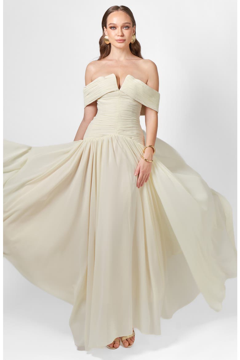 Keecia Off Shoulder Chiffon Gown, Alternate, color, CREAM