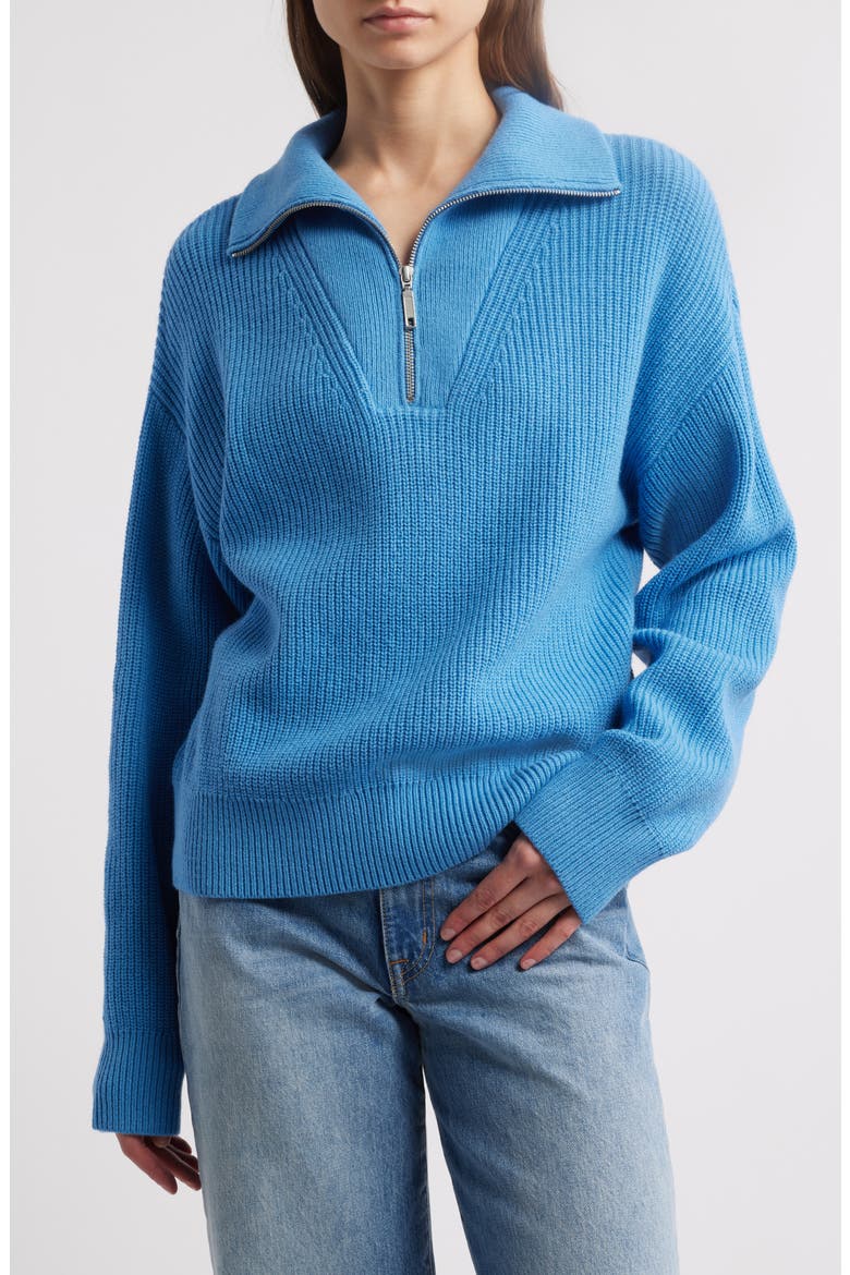 Quarter Zip Merino Wool & Cotton Sweater, Main, color, BLUE PARISIAN
