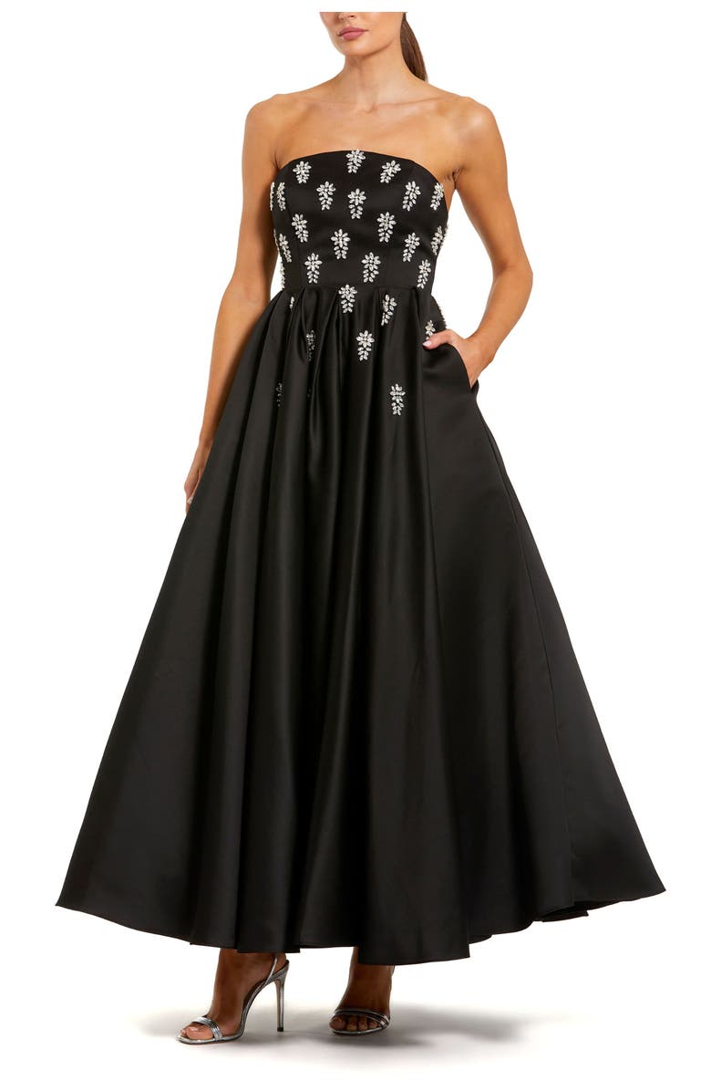 Mac Duggal Crystal Embellished Strapless Satin A-Line Dress, Main, color, Black
