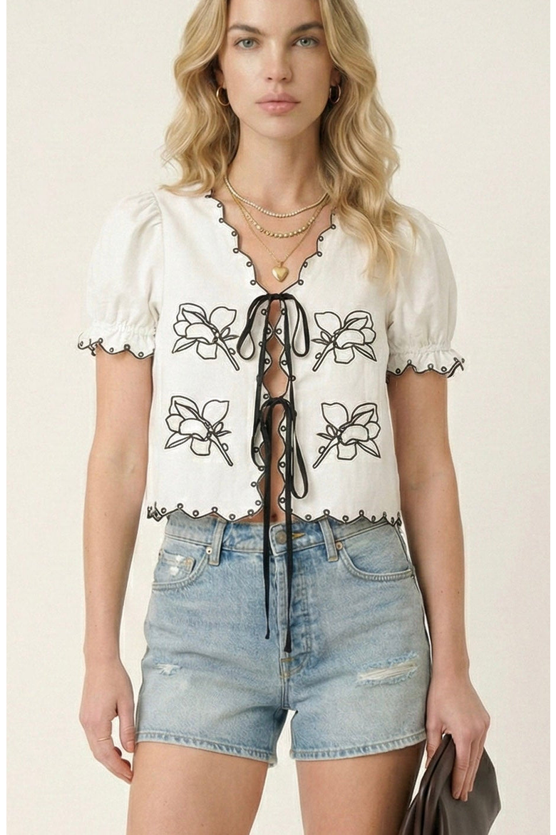 Puff Sleeve Embroidered Front Tie Blouse, Main, color, Off-White / Black