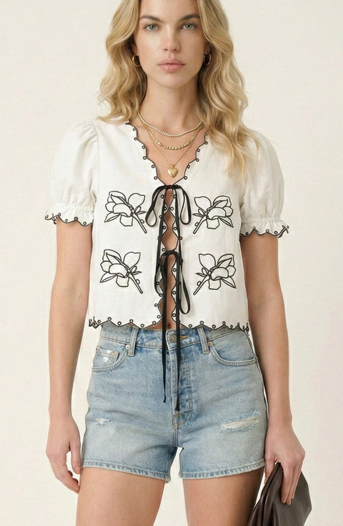 Puff Sleeve Embroidered Front Tie Blouse