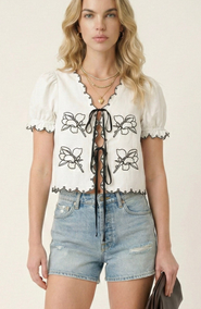 Modenaire Puff Sleeve Embroidered Front Tie Blouse