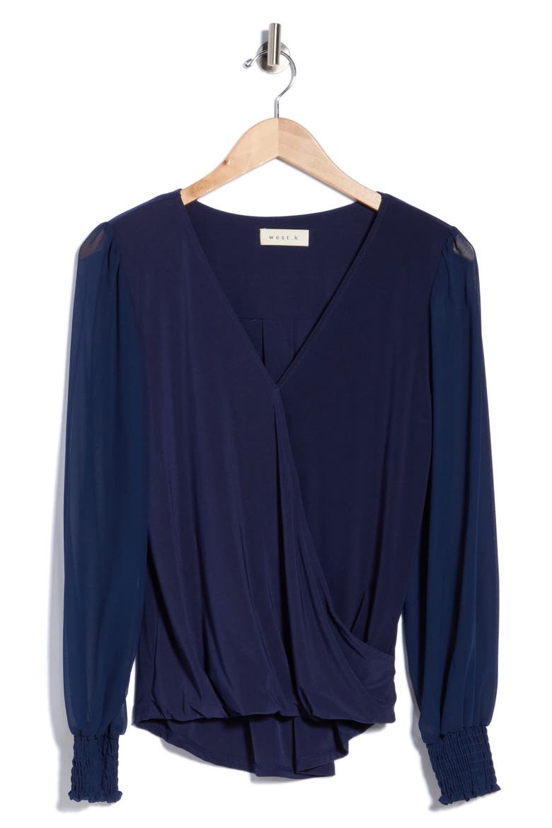 Sheer Sleeve Faux Wrap Top, Alternate, color, NAVY