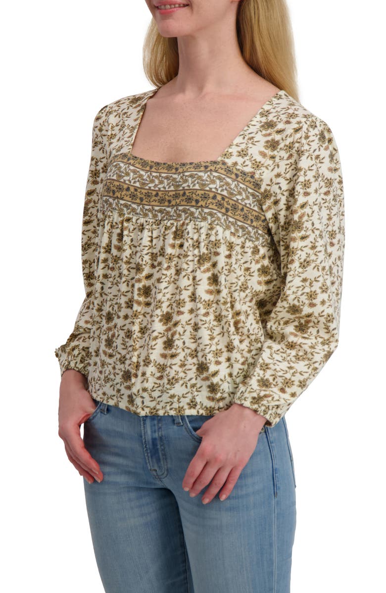 Lucky Brand Floral Long Sleever Bubble Hem Cotton Top, Alternate, color, Cream Floral
