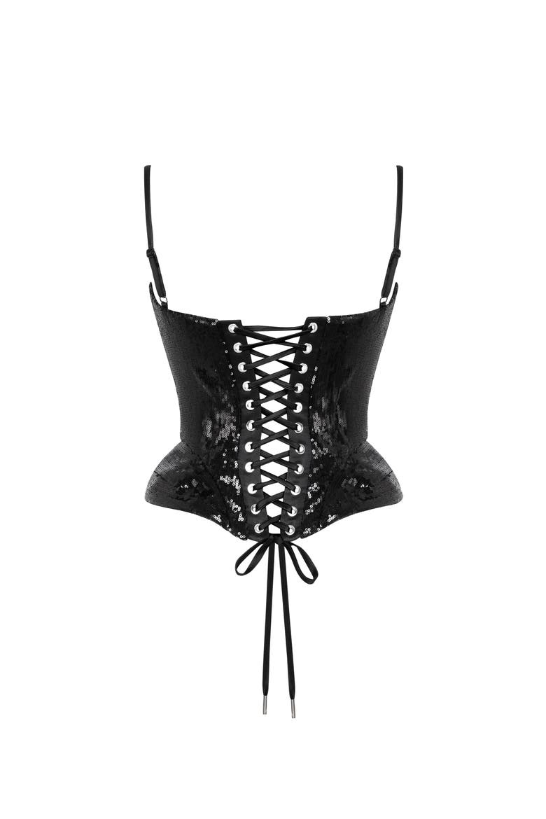 Fitted Hourglass Spaghetti Strap Sequined Corset for Cocktail Events, Alternate, color, Black