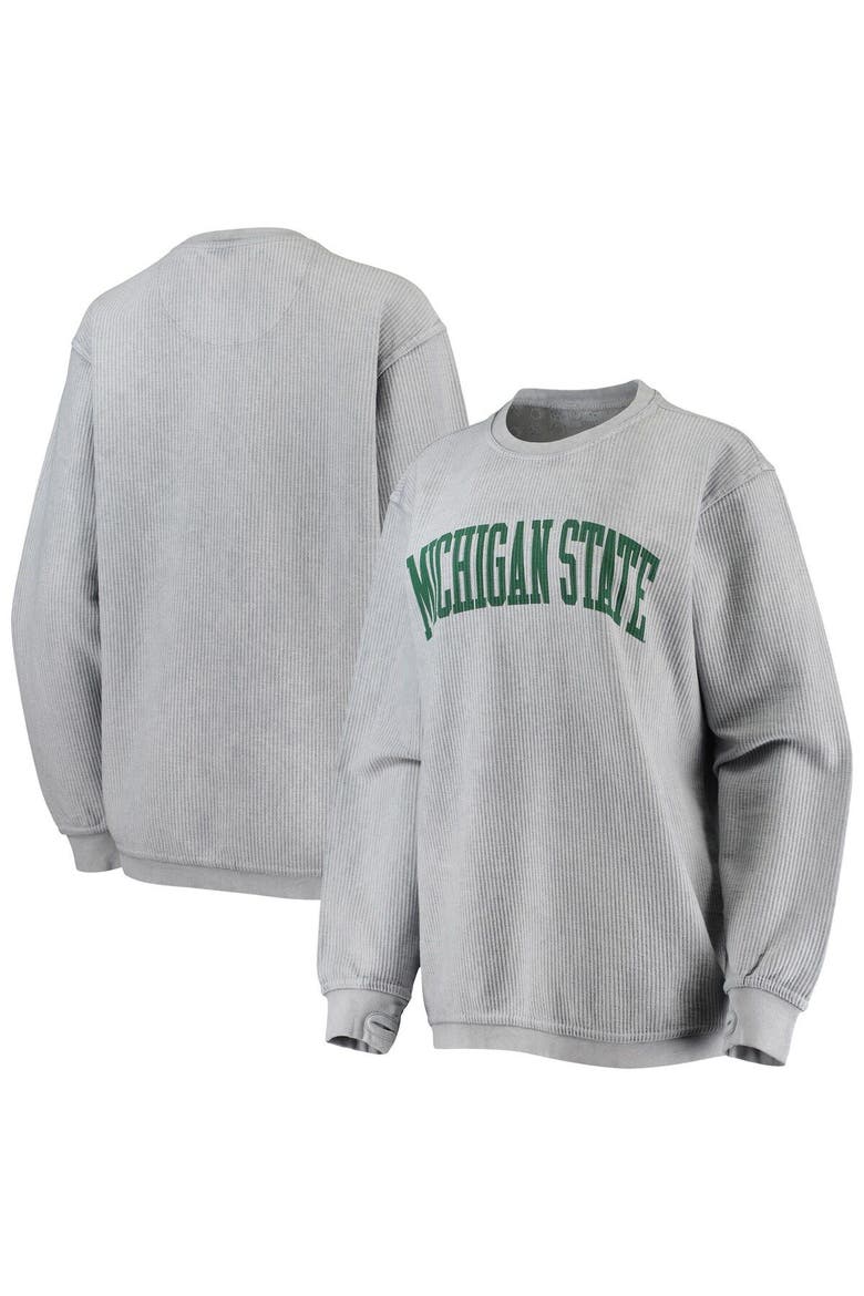 Women's Pressbox Gray Michigan State Spartans Comfy Cord Vintage Wash Basic Arch Pullover Sweatshirt, Main, color, Gray