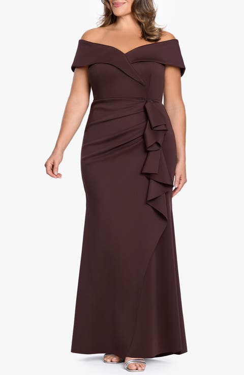 Off the Shoulder Ruffle Scuba Knit Gown (Plus Size)
