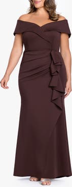 Xscape Evenings Off the Shoulder Ruffle Scuba Knit Gown