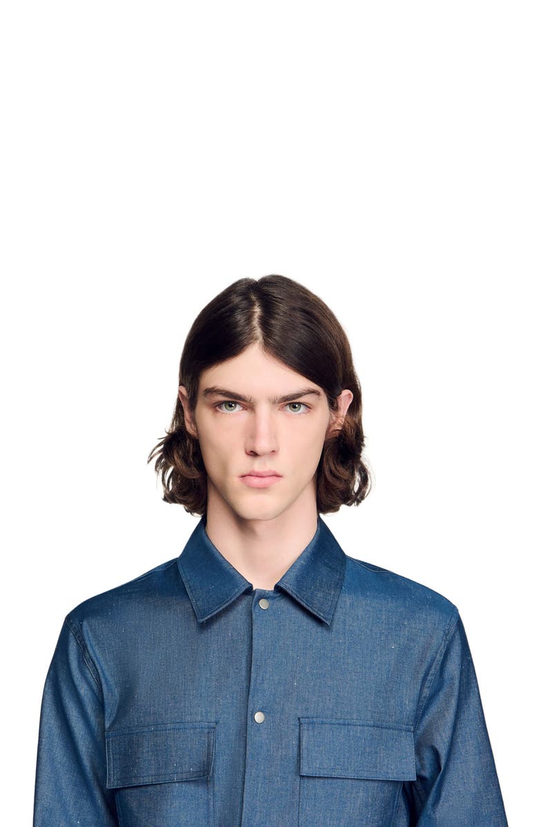 SANDRO Denim-effect cotton and linen shirt, Alternate, color, Blue Vintage - Denim