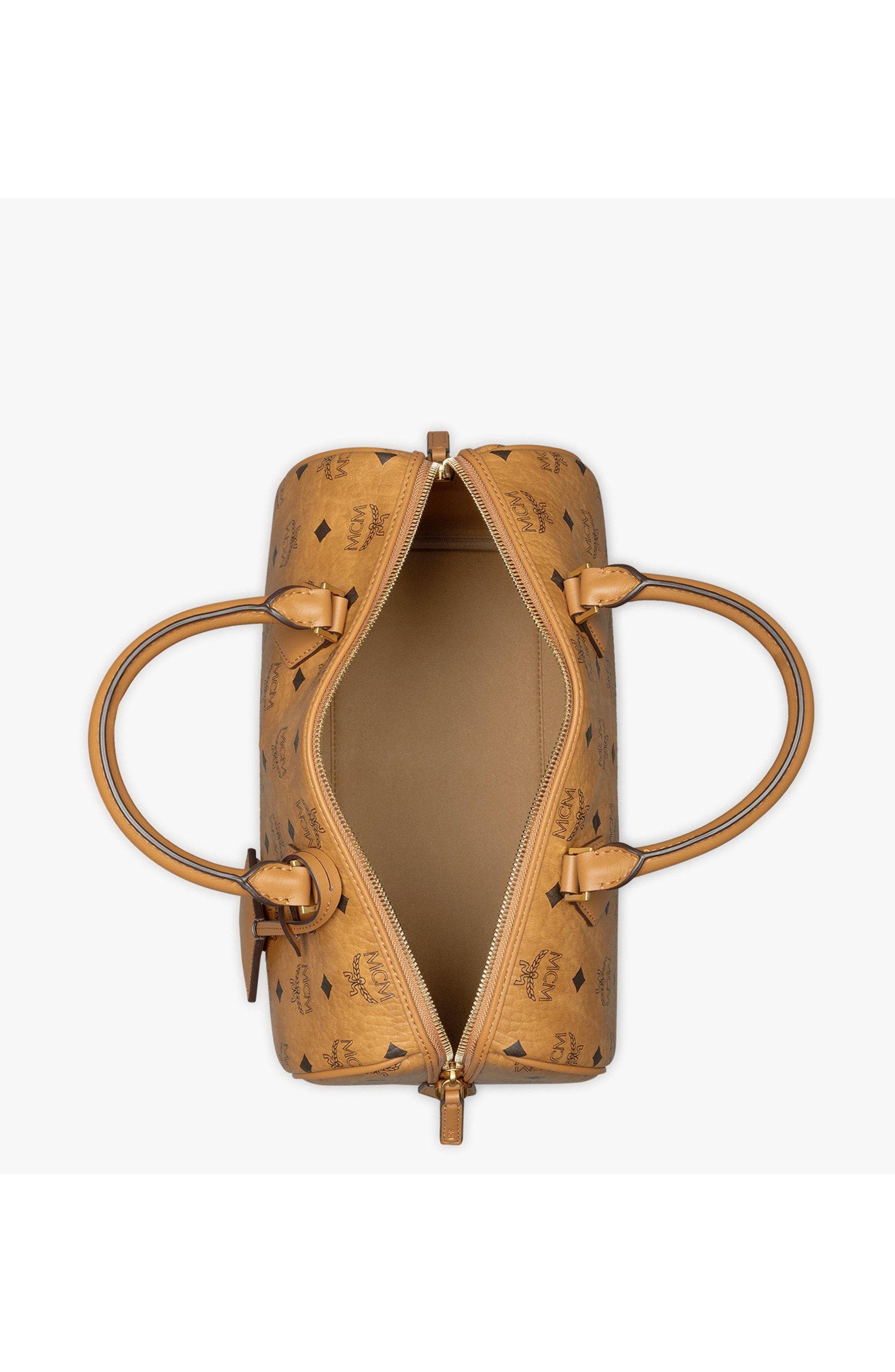 MCM Medium Ella Boston Bag in Visetos, Alternate, color, Cognac