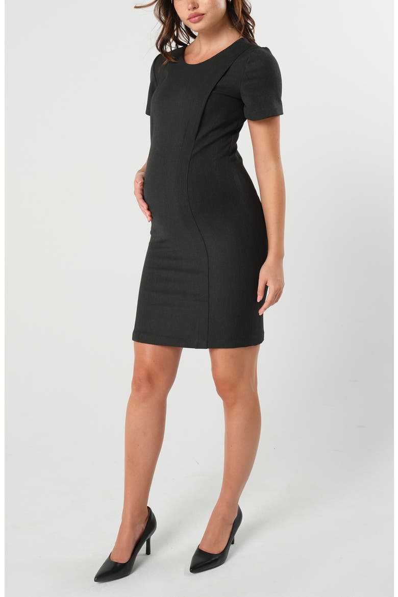 Women's Short Sleeve Knee Length Maternity & Nursing Dress in Italian Stretch Suiting Fabric, Alternate, color, Charcoal Grey