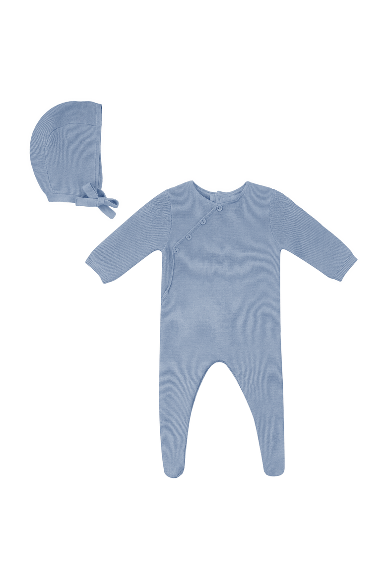 Fake Wrap Decorative Stitching Footed Romper with Matching Bonnet, Main, color, Blue