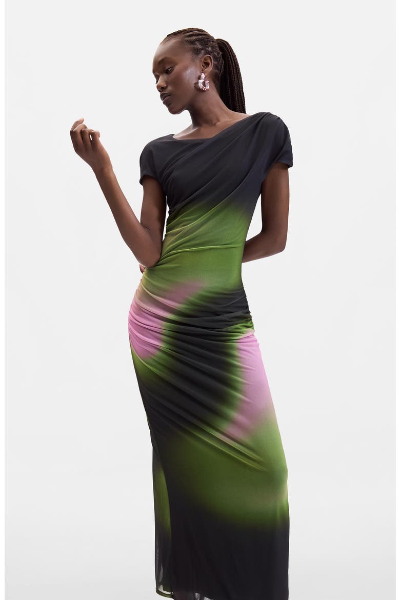 Mesh Overlay Midi Dress, Alternate, color, BLACK