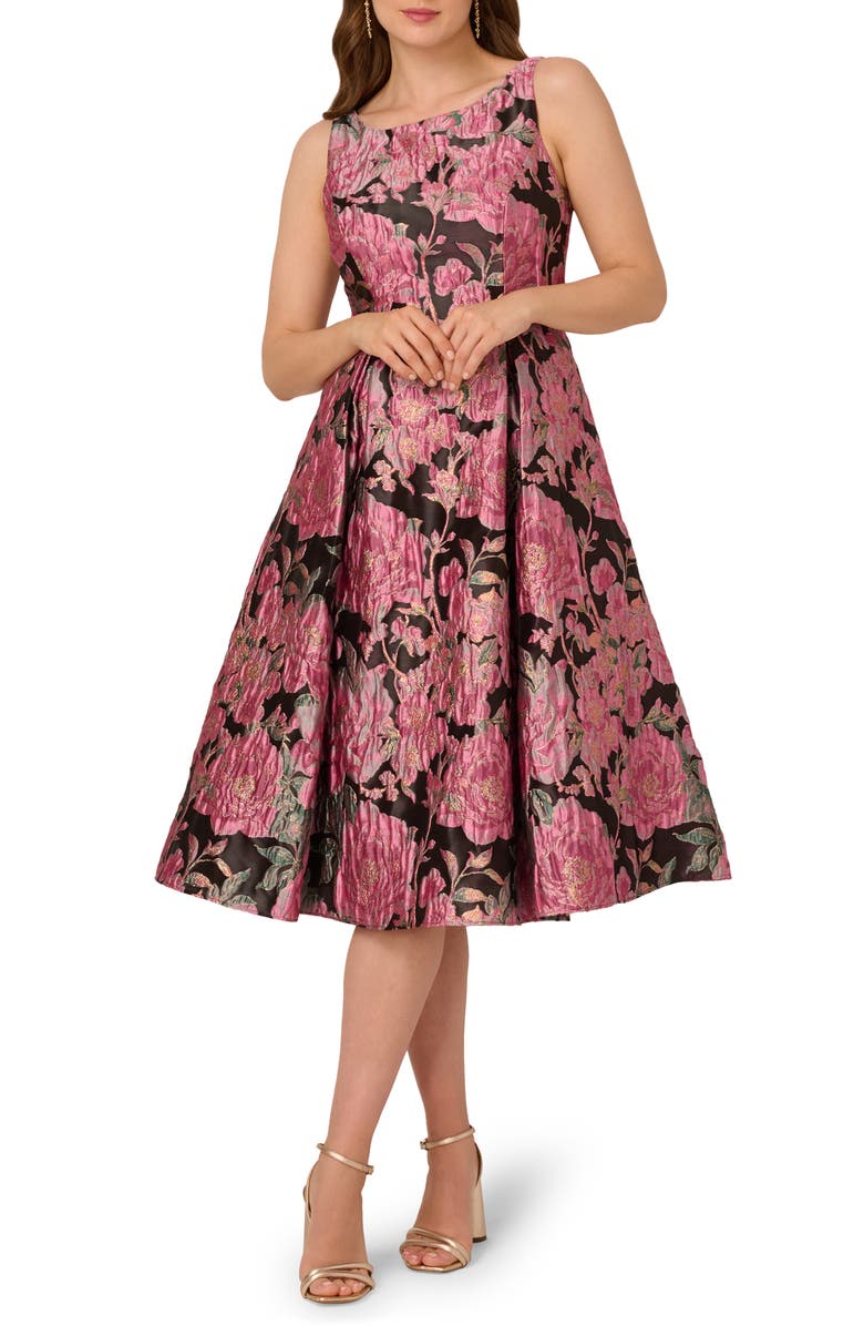 Adrianna Papell Jacquard Fit & Flare Dress, Main, color, Black/ Pink Multi