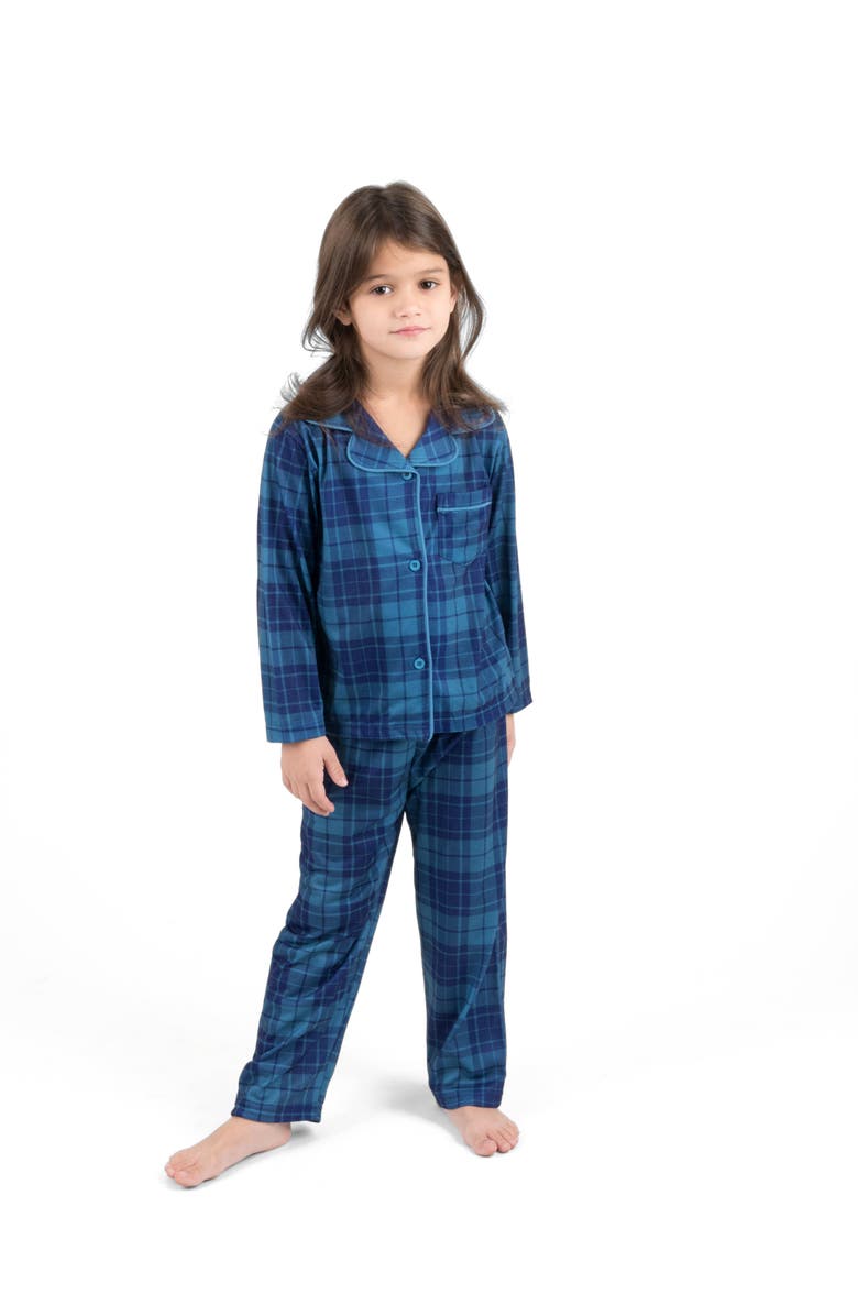 Leveret Kids Button-Front Flannel Printed Holiday Pajama Set, Main, color, Plaid Blue & Navy