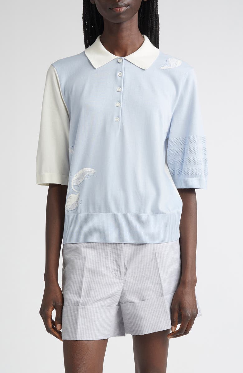 Thom Browne Fun-Mix Feather Intarsia Cashmere Polo, Main, color, Light Blue