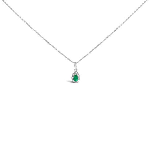 10K White Gold 5x3mm Gemstone and Diamond Accent Halo Pear Shape 18" Pendant Necklace