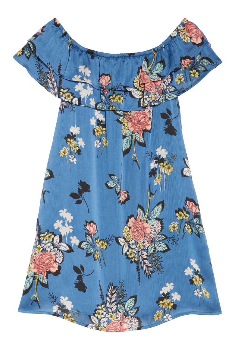 Off the Shoulder Ruffle Dress, Alternate, color, CHARCOAL FLOWER BLUE