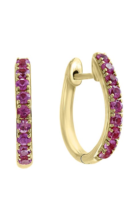 14K Yellow Gold ,Pink Sapphire Hoop Earrings