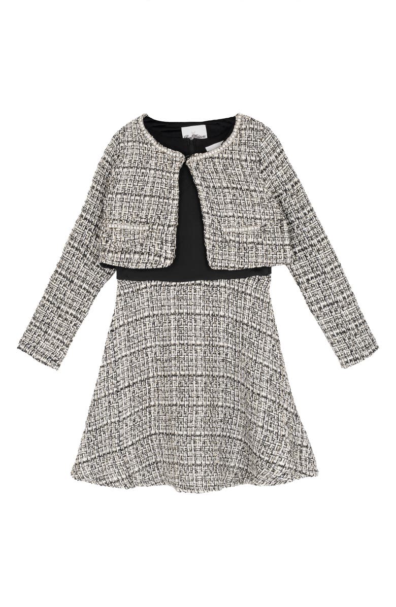 Rare Editions Kids' Bouclé Tweed Dress & Jacket Set, Main, color, Black